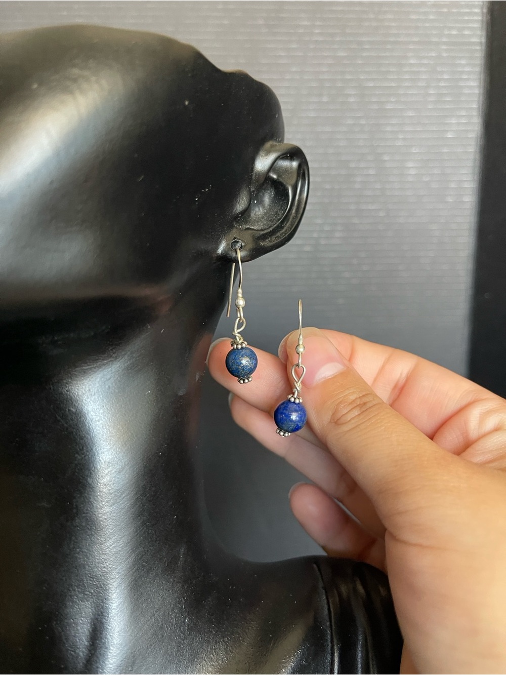 Sterling silver lápiz lazuli bead silver bead dangle earrings